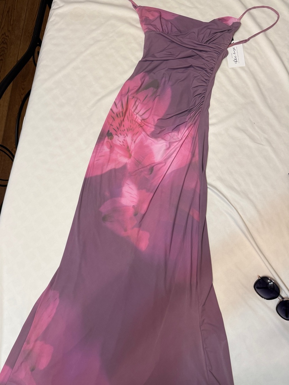 Floral Ruched Bodice Maxi Dress in Mauve Pink